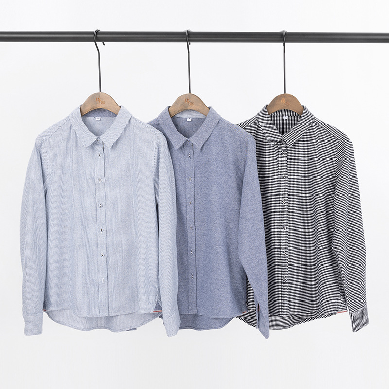 Sud町 Autumn and Winter Pure Cotton Long-Sleeved Shirt Women's Work Clothing Versatile Right Shoulder Brushed Top