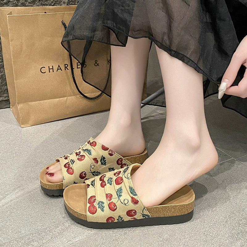 Женские тапочки Birkenstock на толстой подошве Cherry для летней верхней одежды 2025, новые пляжные сандалии-шлепанцы на пробковой подошве в стиле ретро, ​​увеличивающие рост