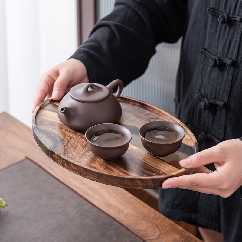Bandeja de té seco de nogal hogar Bandeja de juego de té de resina ovalada japonesa Bandeja de madera maciza de tamaño pequeño Té Bandeja de té de mar