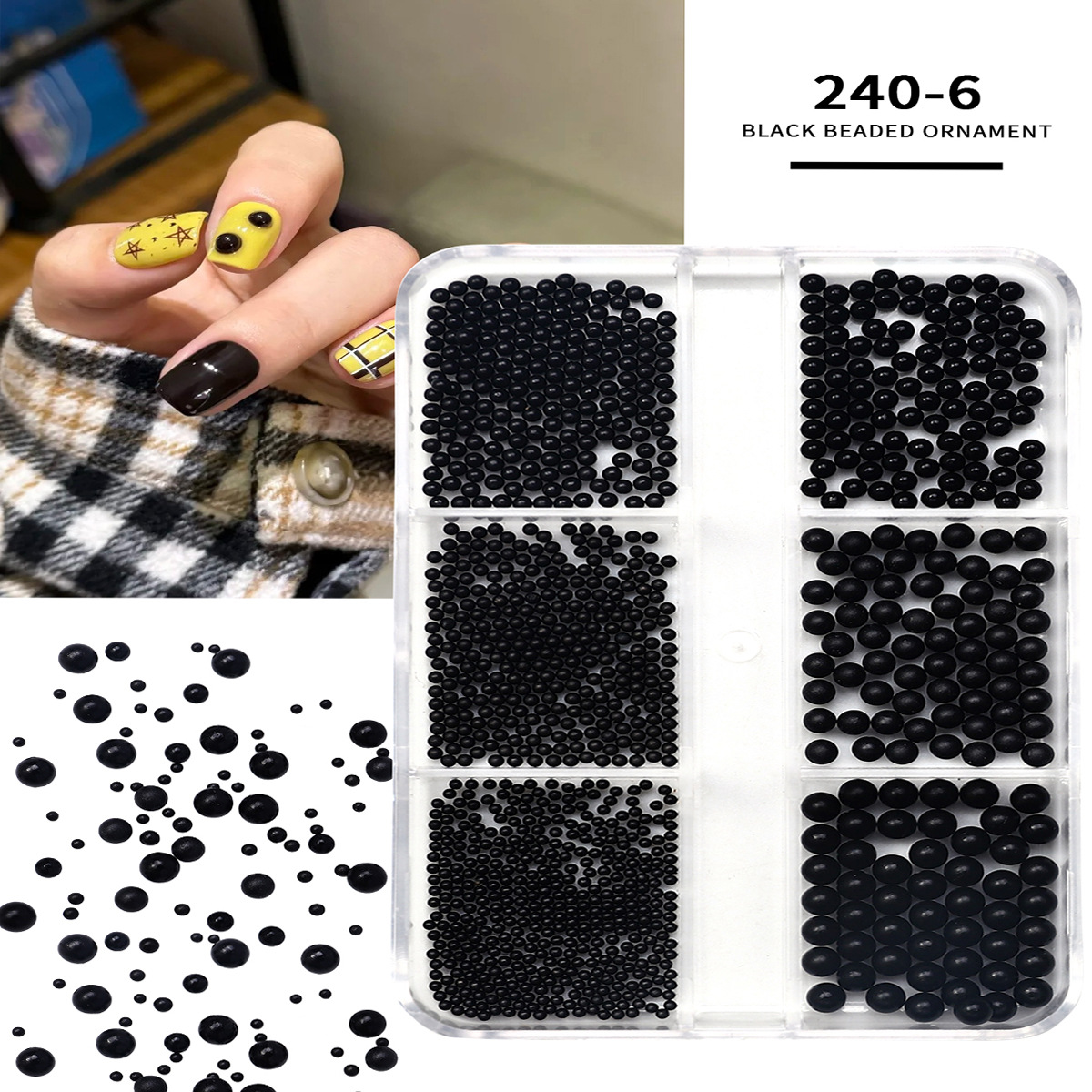 Accesorios de uñas transfronterizos al por mayor 6-grid nail aleación de acero cuentas oro plata tamaño mezclado decoraciones de uñas al por mayor