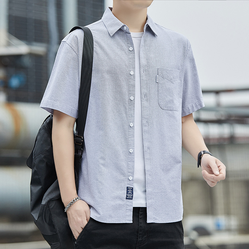 Summer New Cotton Oxford Spinning Short-sleeved Shirt Men's Solid Color Casual All-match Work Shirt Jacket Trendy Top