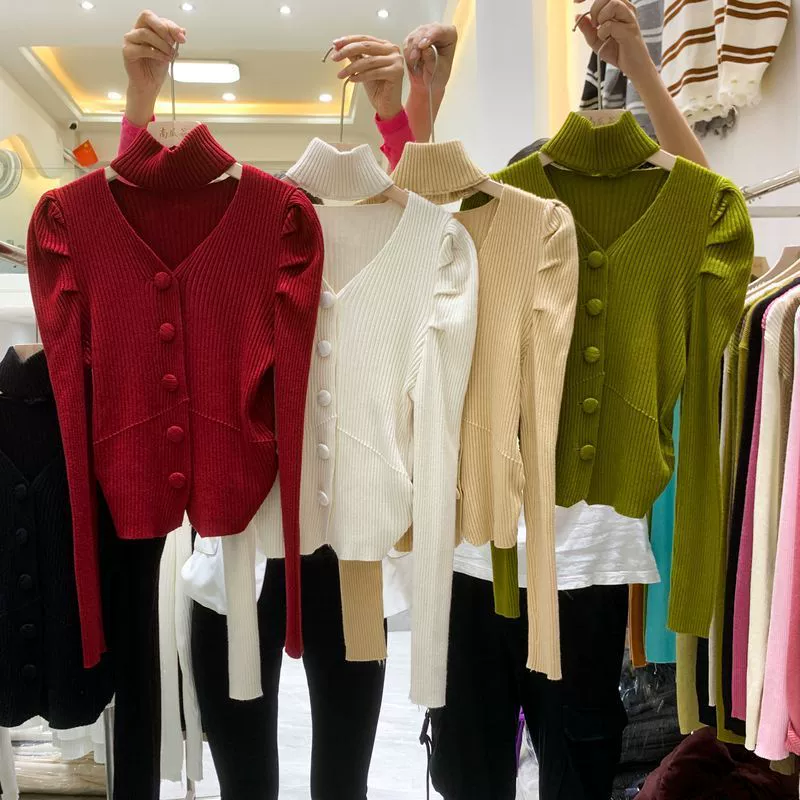 Design Sense Chic Висячий топ с пышными рукавами в западном стиле ключица нерегулярная однотонная приталенный внутренний вязаный свитер для похудения