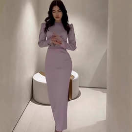 亚马逊秋季女收腰欧美2025长袖法式宫廷连衣裙显瘦褶皱新款图片色