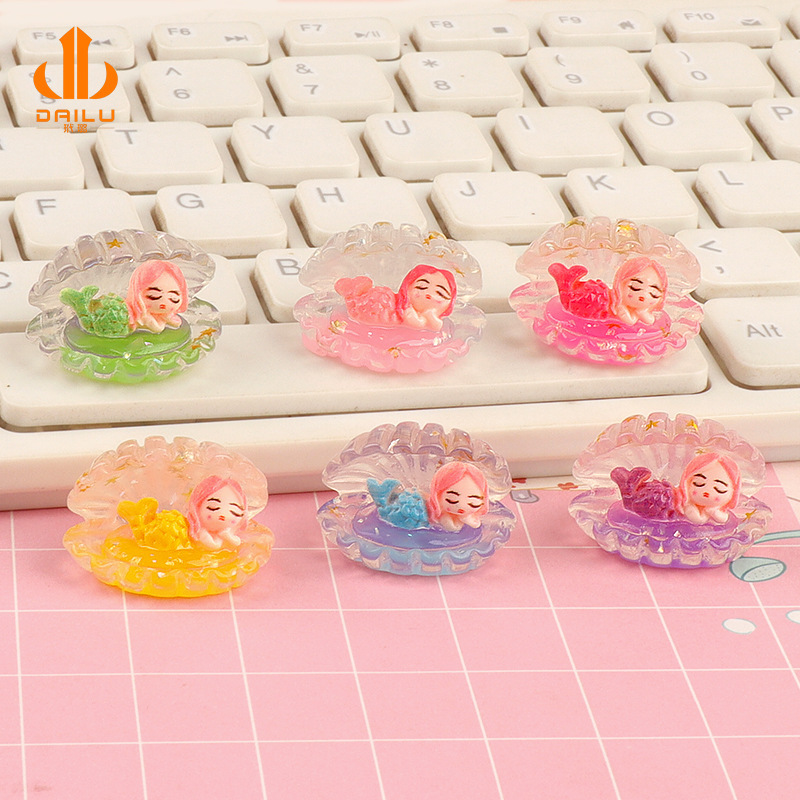 Simulation luminous opening mermaid shell resin jewelry accessories diy cream glue keychain refrigerator sticker decoration