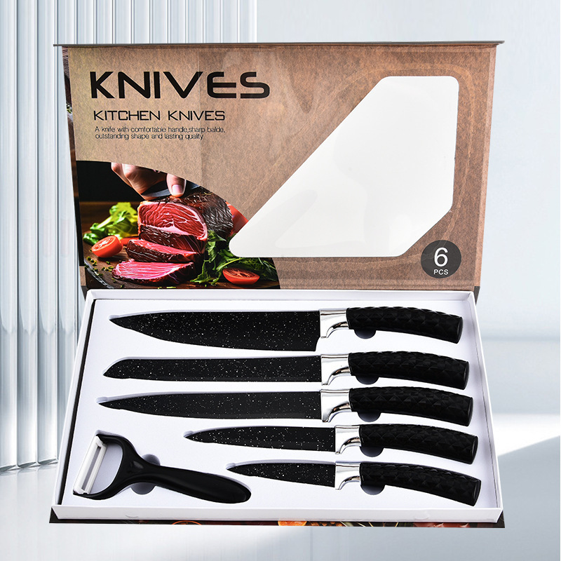 Cuchillo de mango de diamante de acero inoxidable 6 piezas cuchillo negro cuchillo de fruta cuchillo de cocina cuchillo de cocina cuchillo de cocina caja de regalo