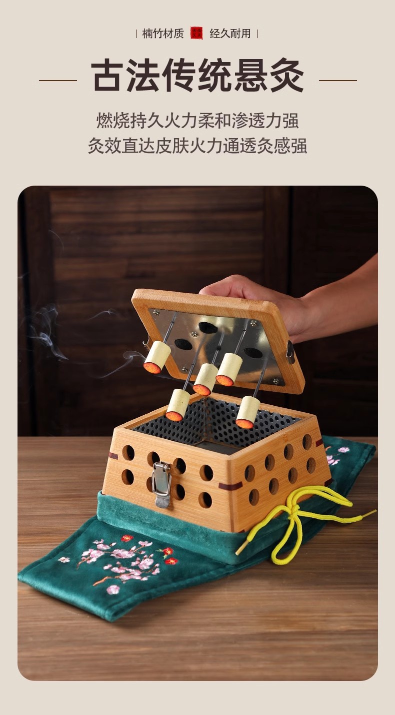 Bamboo Moxibustion Box with Smoke Filter Portable Moxa Warmer for Home Back Waist and Abdomen Use with 2 Aged Moxa Sticks key features