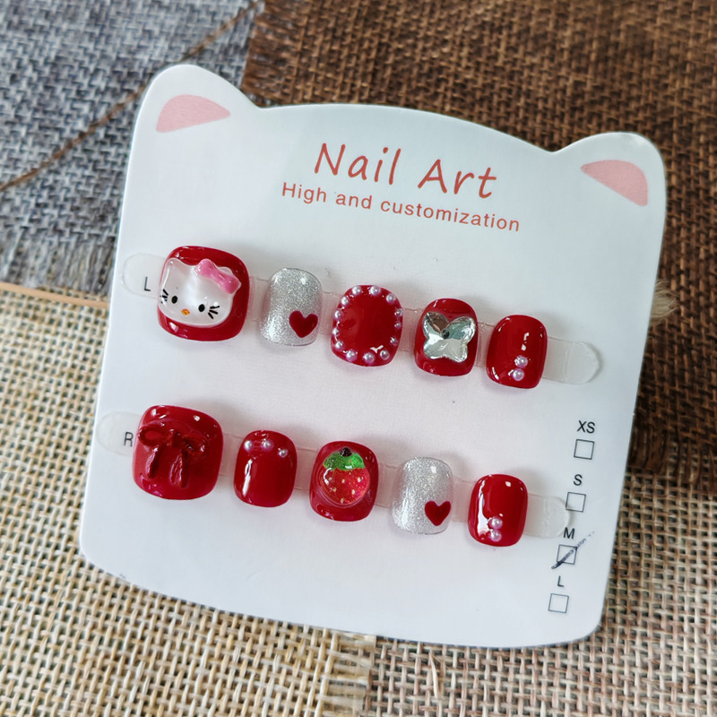 Red Strawberry Hello Kitty Children's Wearable Nails 3-6-10 Years Old Heart Butterfly Kids Nail Stickers Cute Red Strawberry Hello Kitty Children's Wearable Nails 3-6-10 Years Old Heart Butterfly Kids Nail Stickers Cute