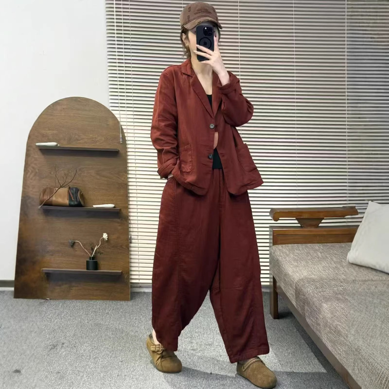 2026 Spring New Style Korean Version Loose Retro Fashion Casual Suit Women's Blazer + Elastic Waist Harem Pants