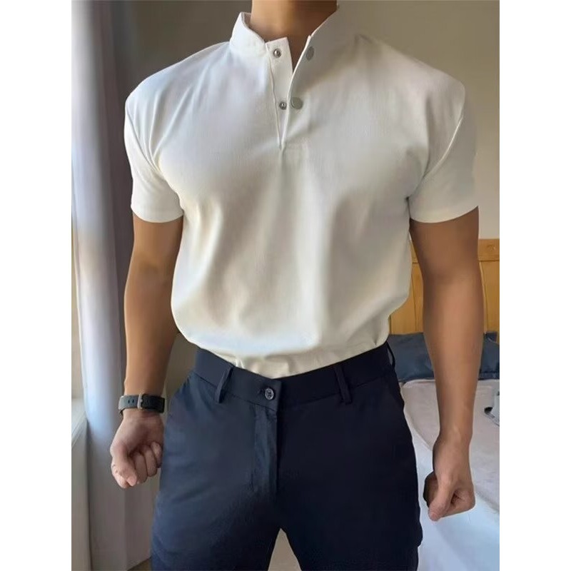 American White Heavyweight Henley Collar Short-Sleeved Men's and Women's Summer Stiff Polo Shirt T-Shirt Showing Muscle Fitness Half-Sleeve
