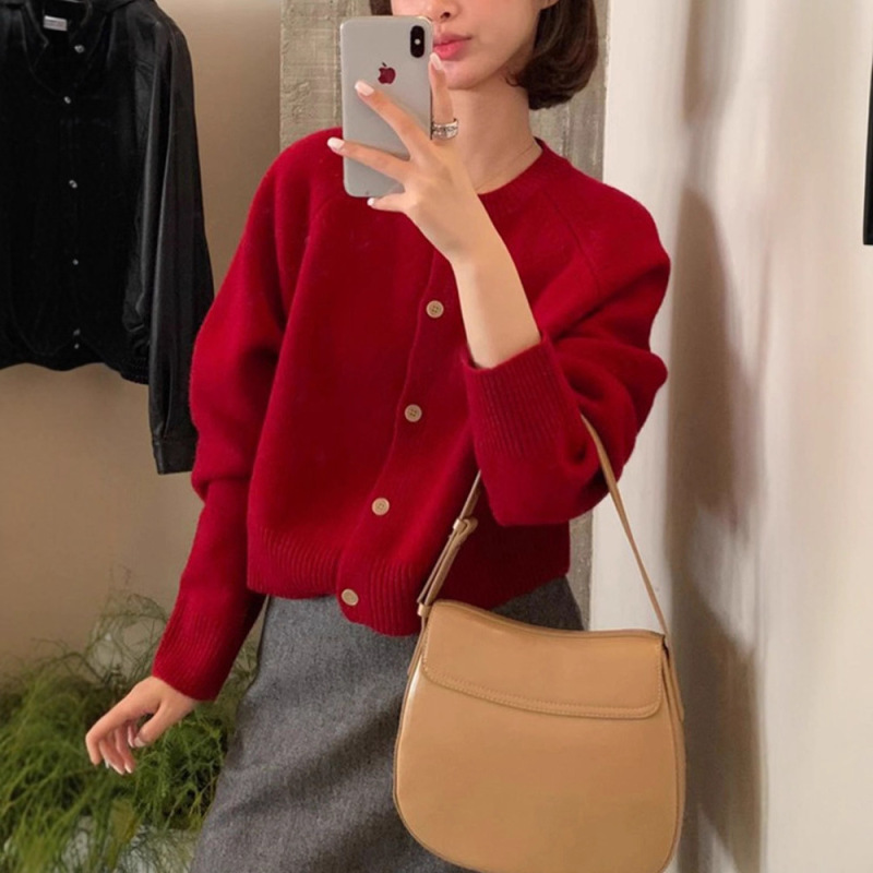 安可拉红秋冬毛衣外套女厚圆领短款针织开衫上衣韩版休闲百搭|undefined