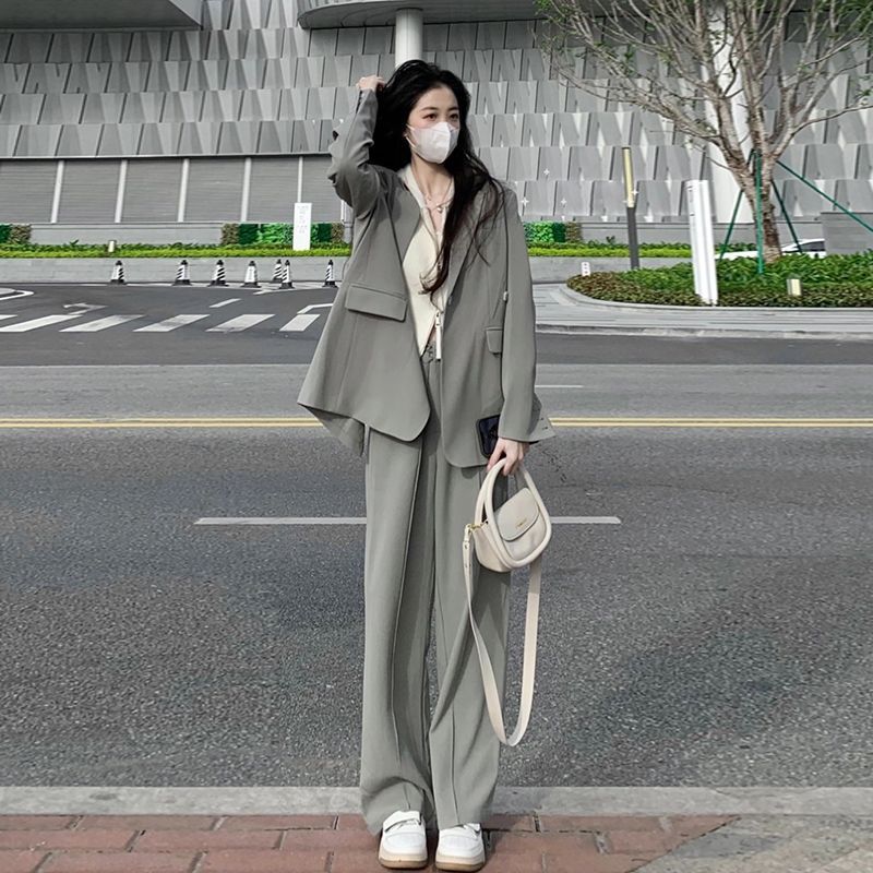 灰色小西装外套女2025春秋新款时尚两件套装小个子感宽松休闲西服|undefined