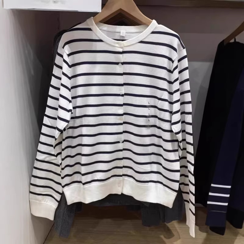 日单女装棉混纺休闲圆领撞色条纹针织开衫长袖毛衣476975 487444