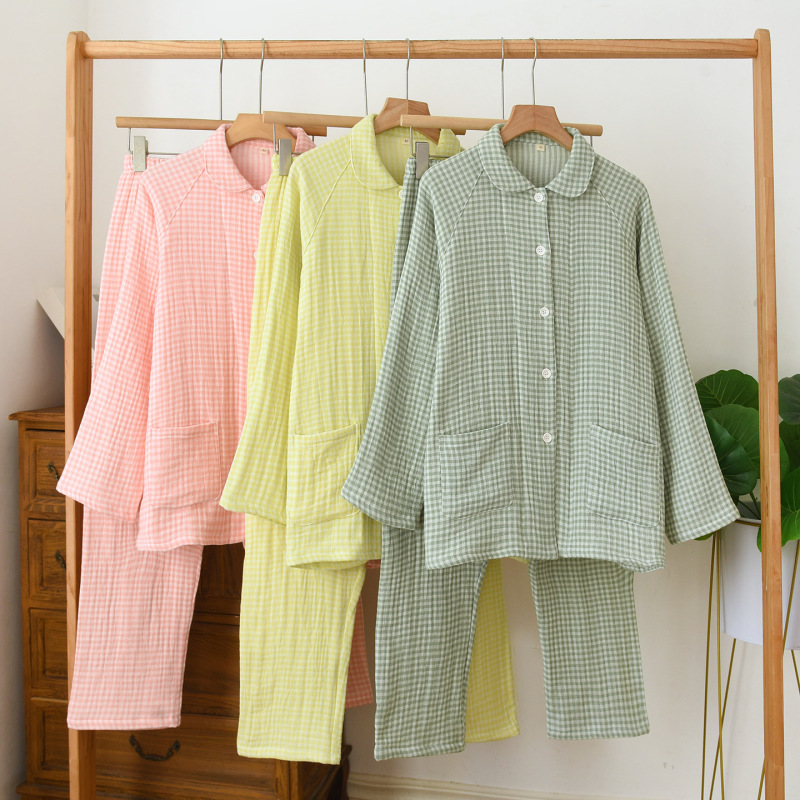 New Style Yarn-Dyed Four-Layer Gauze Pajamas Long-Sleeved Pants Large Size Doll Collar Home Clothes Washed Cotton Gauze Plaid Women's Set New Style Yarn-Dyed Four-Layer Gauze Pajamas Long-Sleeved Pants Large Size Doll Collar Home Clothes Washed Cotton Gauze Plaid Women's Set