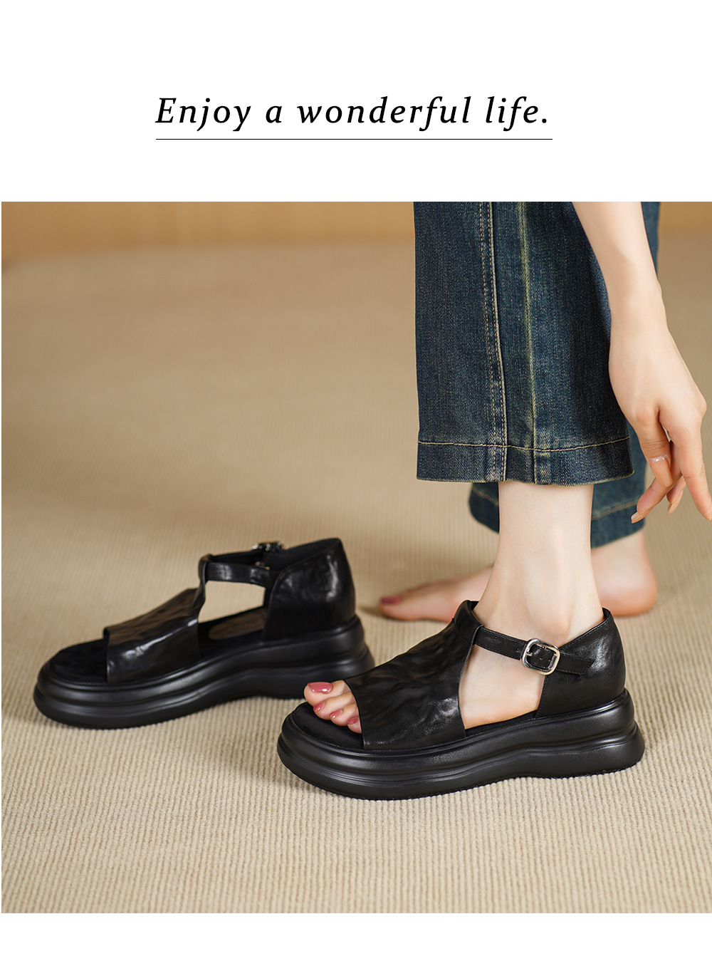 Sandal cao gót nữ hở mũi da bò đế dày quai ngang khóa — Khóa thắt lưng màu đen, Khóa thắt lưng màu nâu, Velcro màu mơ, Giấy dán ma thuật màu nâu chi tiết 8
