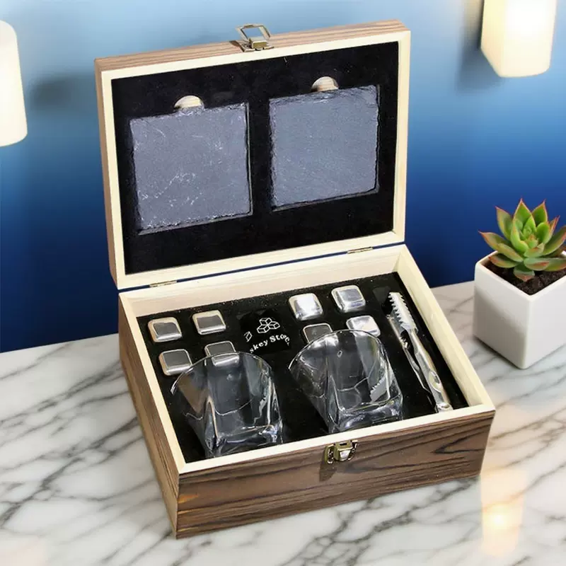 威士冰酒石玻璃杯木盒套装304不锈钢冰块木盒装板岩杯垫可印LOGO