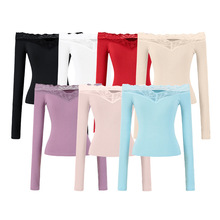 纯欲风性感一字领露肩蕾丝拼接长袖T恤春季百搭修身短款辣妹上衣