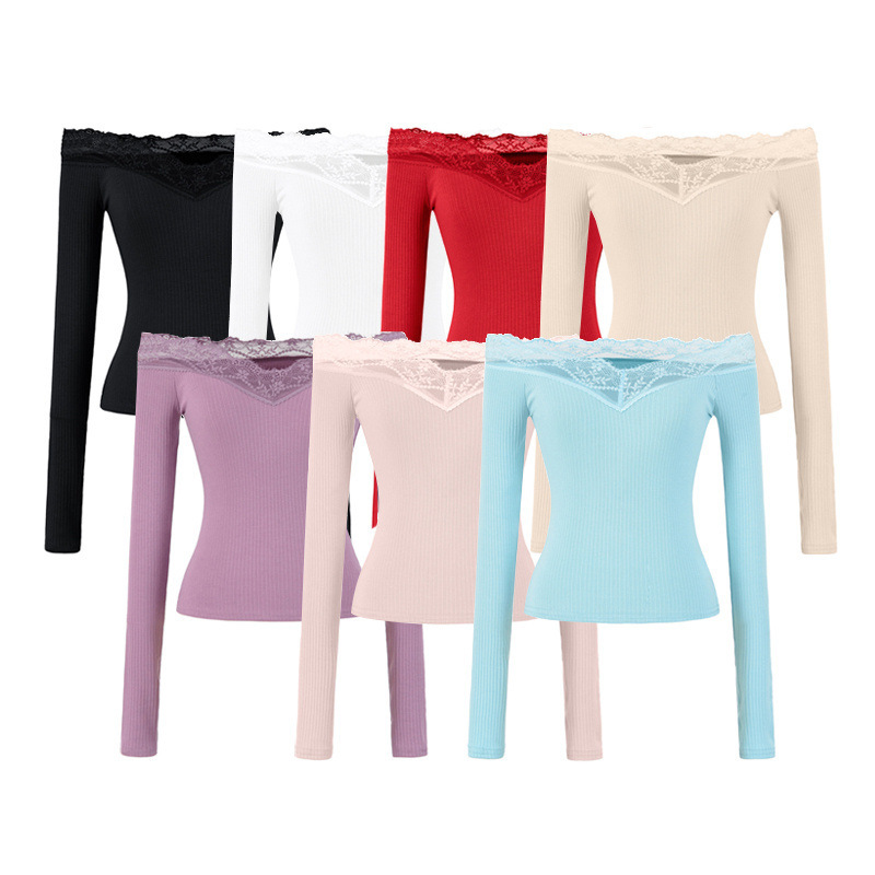 Purely Sexy Off-The-Shoulder Lace Patchwork Long-Sleeve T-Shirt, Versatile Slim-Fit Short Top for Spring Purely Sexy Off-The-Shoulder Lace Patchwork Long-Sleeve T-Shirt, Versatile Slim-Fit Short Top for Spring