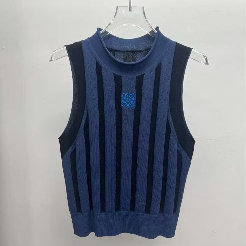 Women's 2025 New Navy Blue Ribbed Round Neck Sleeveless Top Elegant Knitwear