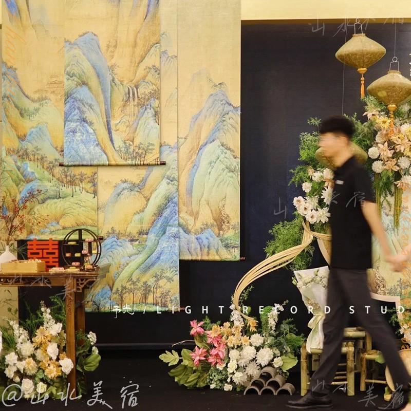 QIANLI JIANGSHAN 중국 스타일의 찻집 배경 천 거즈 커튼 연꽃 안뜰 반투과성 거즈 교수형 커튼 결혼식 준비 교수형 천 장식
