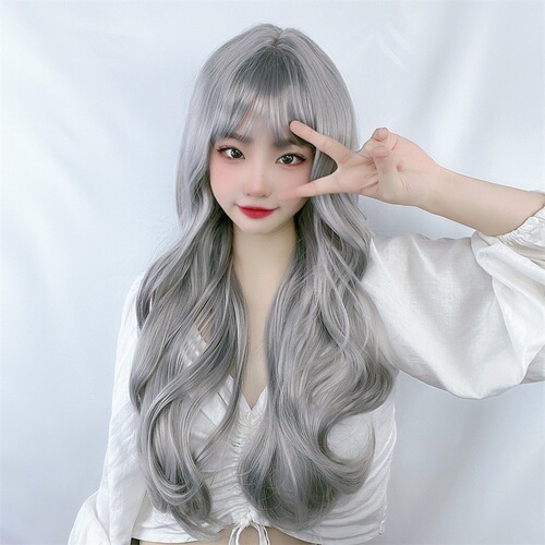 Manufacturer European and American fashion cross-border wig for women with long curly hair air bangs granny gray Amazon new headgear