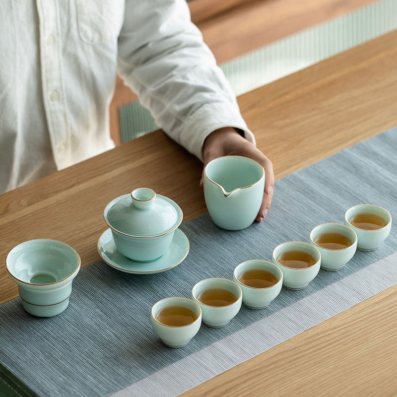 Porcelain Lambid Tea Set with Gold Decoration, Jade-like Glaze, Powder Green Gongfu Tea Set in Gift Box, Business Gift with Custom Logo