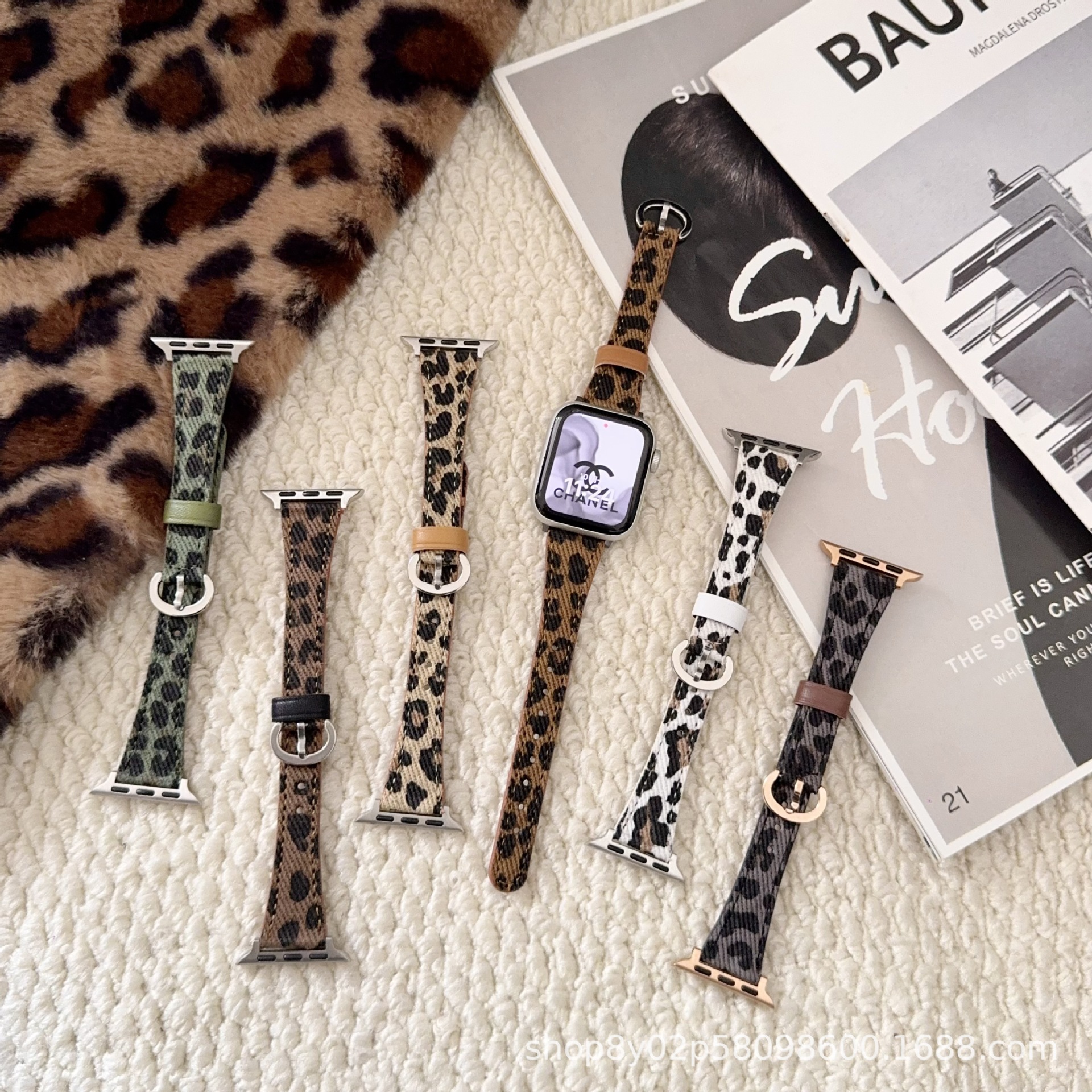Leopard Print Small Waist Horseshoe Buckle Suitable for Apple Iwatch11 Huawei Gt6 41mm Personalized Autumn and Winter Watch Strap Wristband