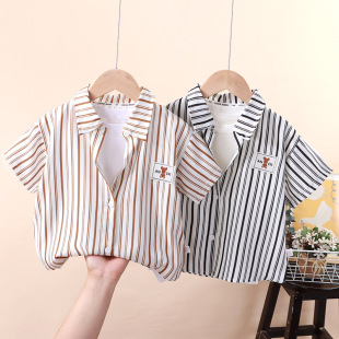 Children's Shirt Summer Short Sleeve Boys' Top Baby Jacket Children's Wear Striped Casual Shirt Trend One Piece Hair