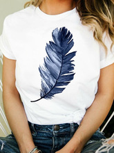 ����Blue Feather Printed Short Sleeves White O-neck TT-shirt