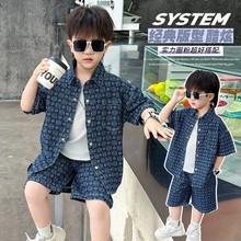 男童夏装满印碎花牛仔套装儿童帅气短袖痞帅两件套中小童夏天衣服