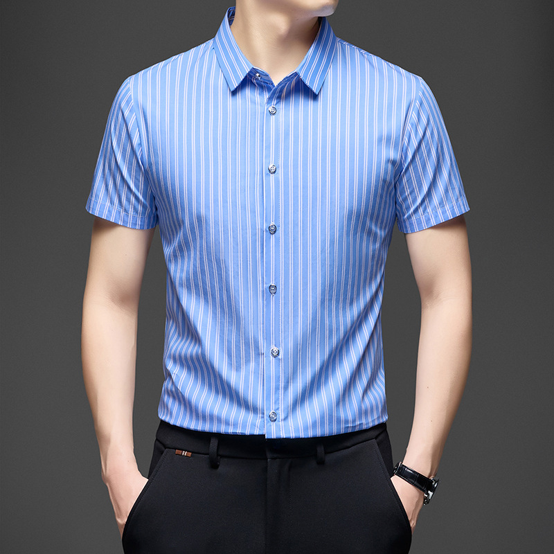 Cross-Border Foreign Trade New Style Men's Pure Cotton Short-Sleeved Shirt Casual Business Striped Non-Ironing Korean Style Fashionable Summer Shirt Cross-Border Foreign Trade New Style Men's Pure Cotton Short-Sleeved Shirt Casual Business Striped Non-Ironing Korean Style Fashionable Summer Shirt