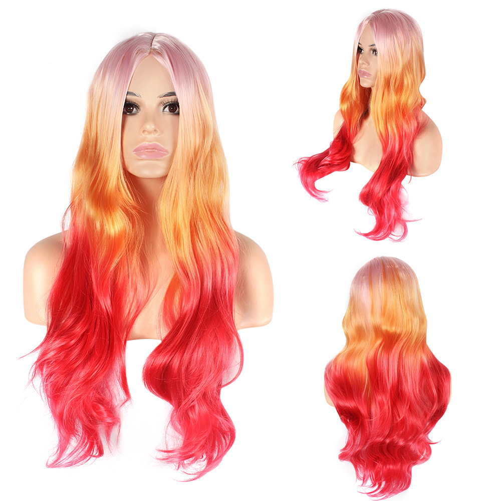 Synthetic wig Women's woven synthetic fiber wig headband with long bangs medium split slightly curled brown gradient pink_voghion.com