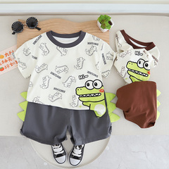 2024夏季新款男童滿印圓領T恤短袖套裝男寶寶休閒短褲兩件套代發