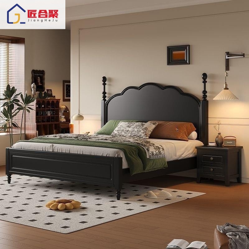 Vintage-Style Solid Wood Bed, Retro French 1.8m Home Bedroom 1.5m Double Simple Marseille Bed, American-Style Master Bedroom Large Bed