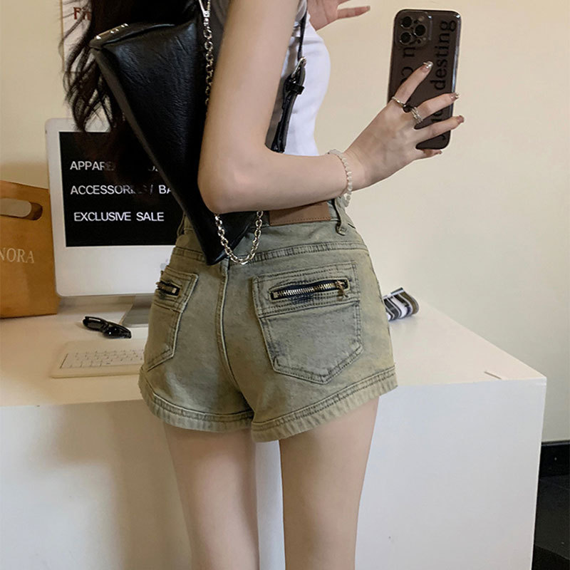 Zipper pocket design stretch Denim shorts women ins hot girl straight slim sheath high waist A- line hot pants summer