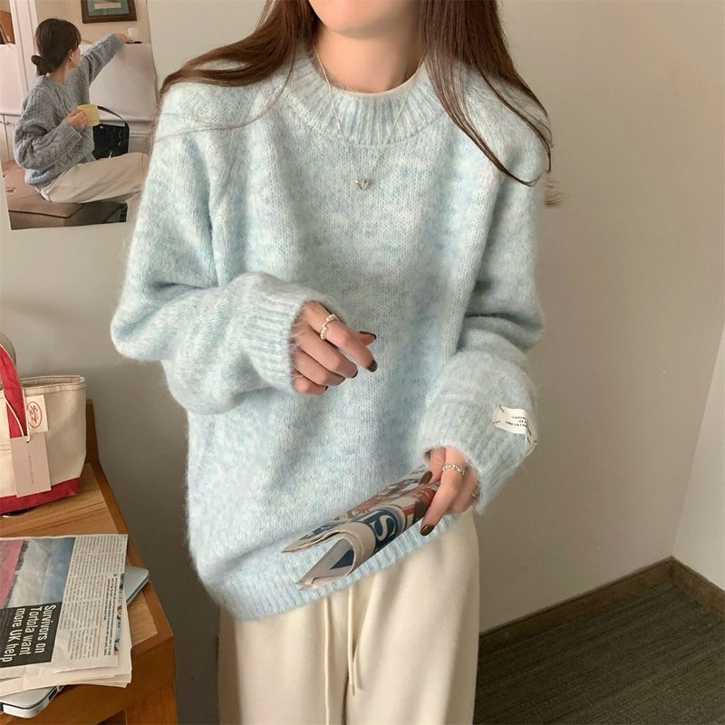 韩系慵懒风圆领套头毛衣女秋冬季软糯纯色长袖内搭针织衫韩版打底|undefined