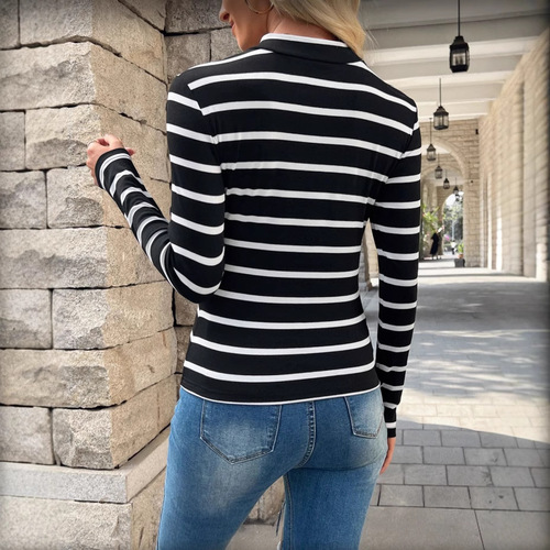 European and American TEMU semi-high-collar stripe slim all-match long-sleeved women's t-shirts are selling well