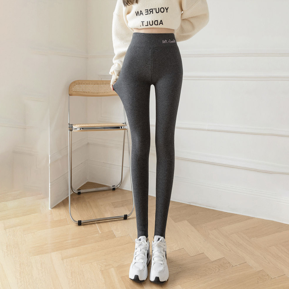 Leggings acanalados de rayas verticales con forro polar grueso, novedad de otoño e invierno para mujer, pantalones cálidos de algodón de cintura alta con letras, transfronterizos.
