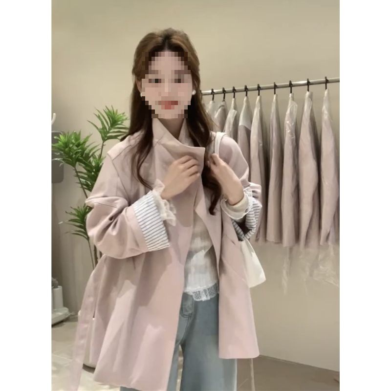 Pink Stand Collar Mid-Length Windbreaker Jacket for Women Spring and Autumn New Style Korean Style Casual