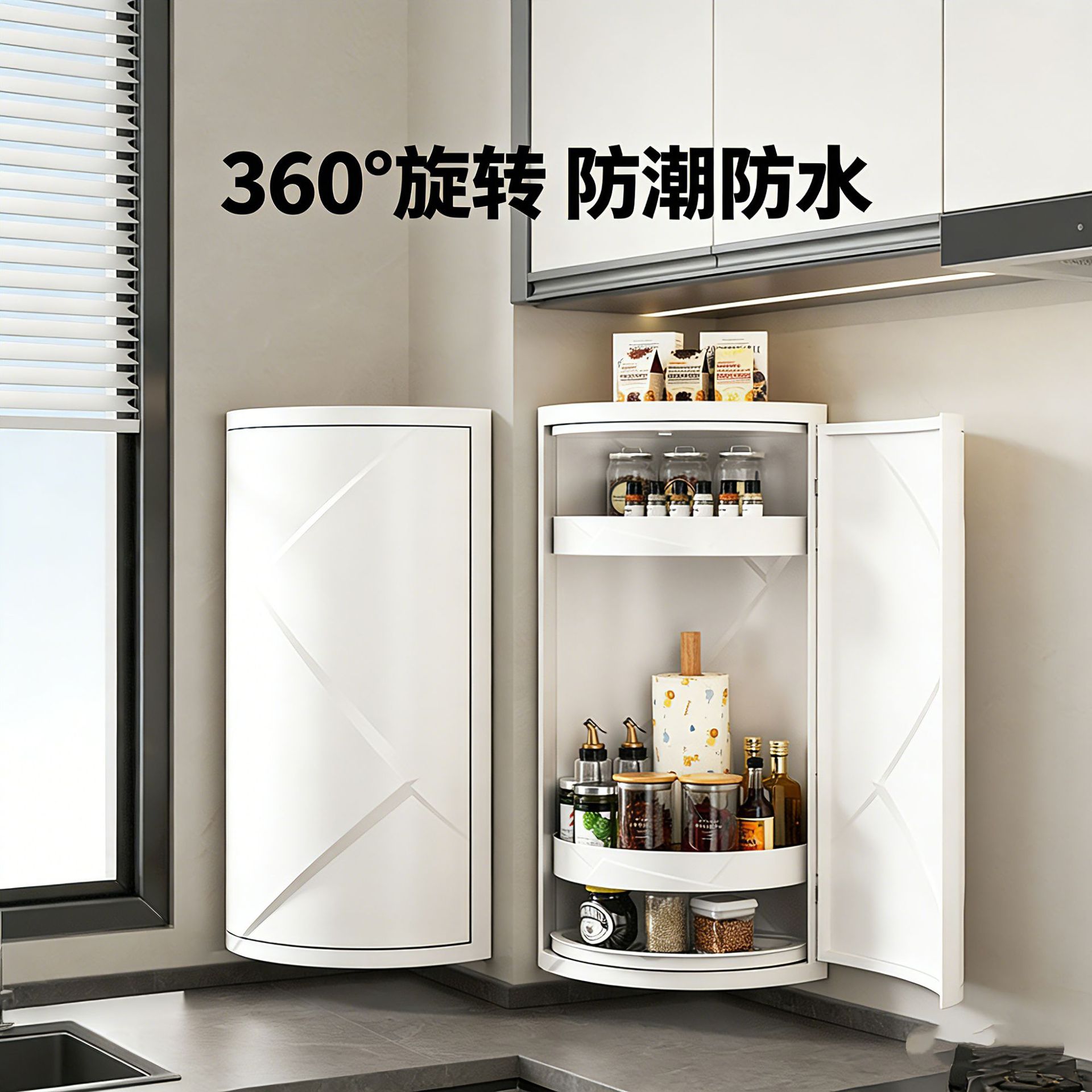 Kitchen rotating rack triangular wall-mounted storage box punch-free seasoning rack corner rack large capacity seasoning