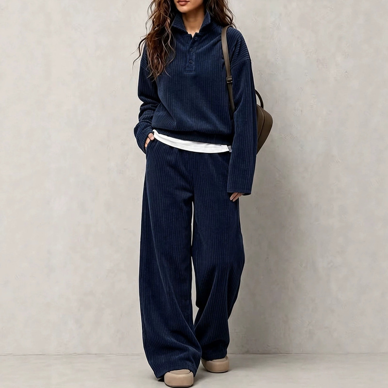 Cross-border women's corduroy set, long-sleeved top, casual wide-leg pants, loose-fitting, age-reducing sweatshirt and sweatpants two-piece set Cross-border women's corduroy set, long-sleeved top, casual wide-leg pants, loose-fitting, age-reducing sweatshirt and sweatpants two-piece set