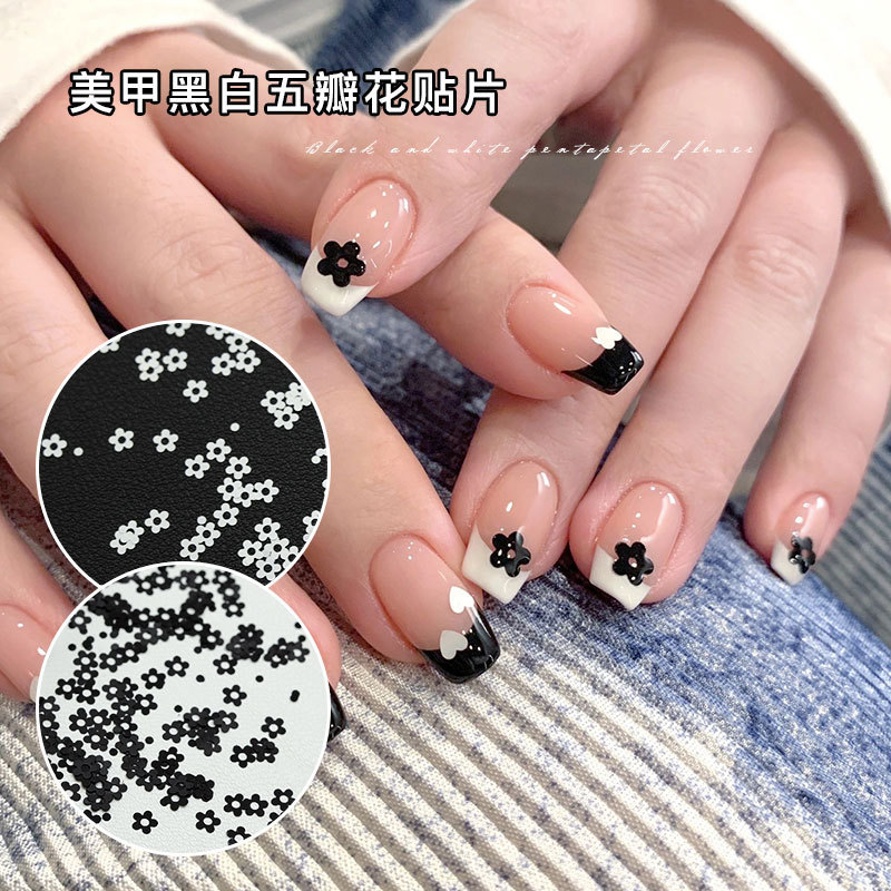 New minimalist black and white five-petal flower nail art accessories Net red flower sequins DIY nail accessories wholesale