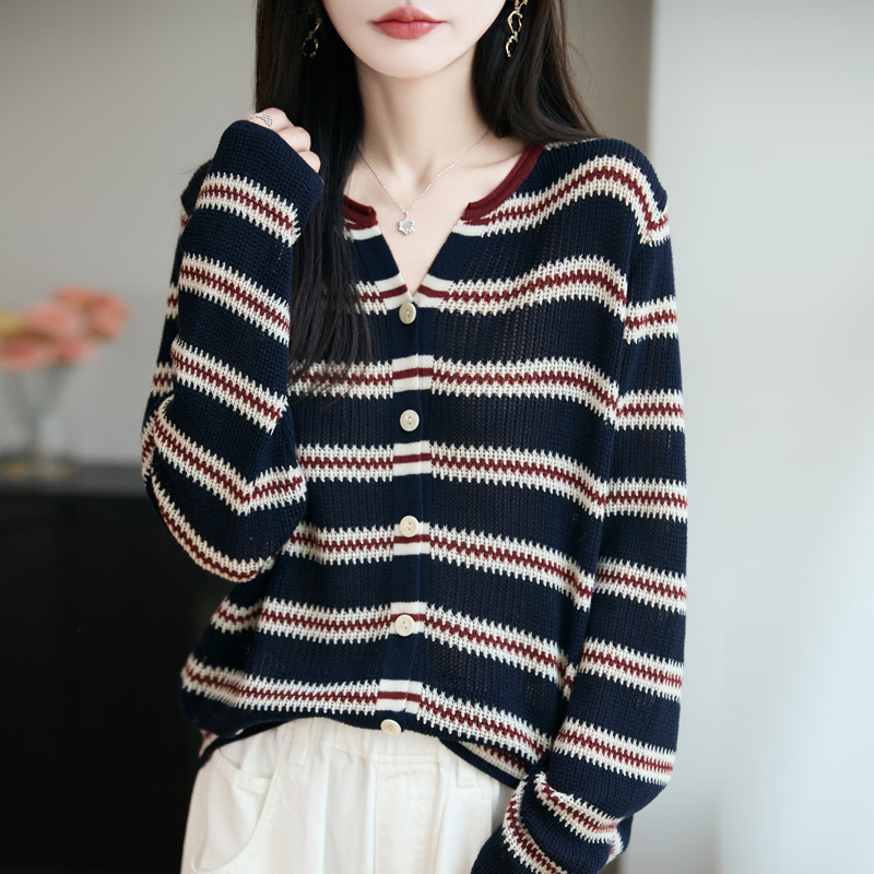 Early Autumn 2025 New Fine Wool Rolled Edge V Neck Knitted Cardigan Long-Sleeved Women's Color-Blocked Stripesd Loose Top