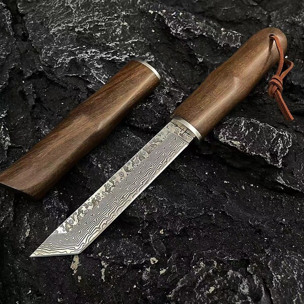 Huangzhu forged Damascus steel straight sheath knife outdoor knife household sharp fruit knife tea knife handmade knife