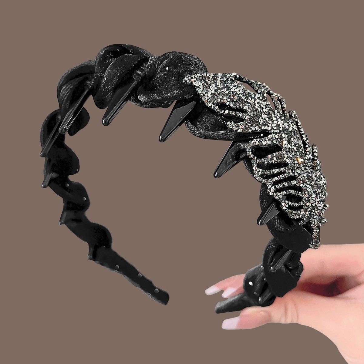 Black chiffon feather with rhinestone accents