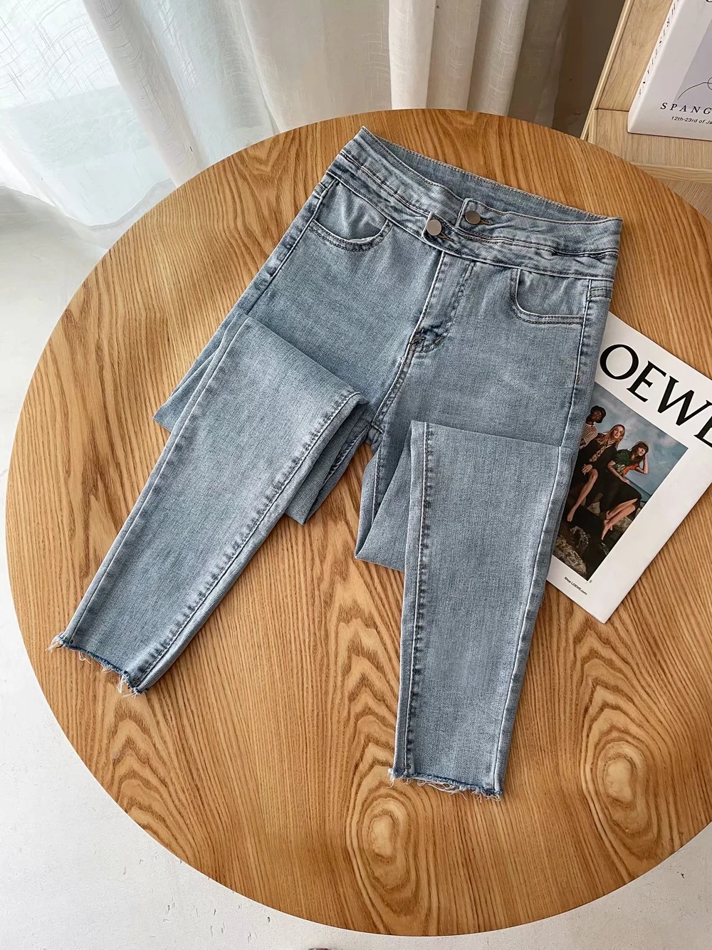 high waist stretch frayed jeans  NSAC38907