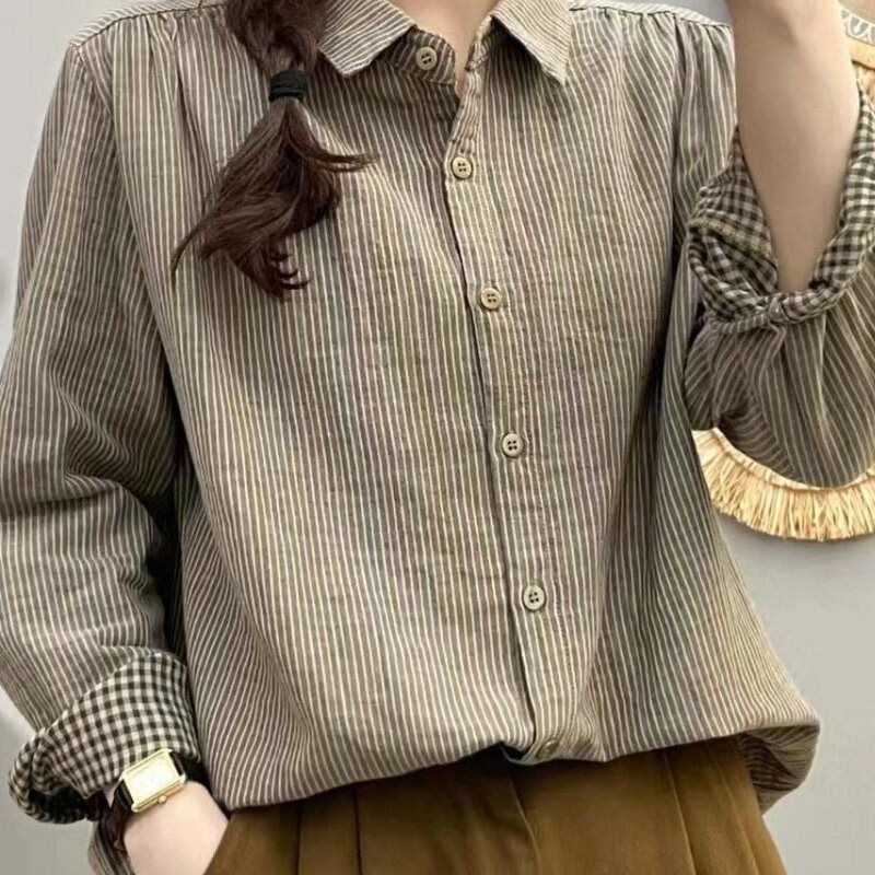 Pure Cotton Vintage Fine Striped Shirt for Women, Double-Layer Cotton Gauze Long-Sleeve Shirt, New Versatile Shirt for Spring and Autumn Pure Cotton Vintage Fine Striped Shirt for Women, Double-Layer Cotton Gauze Long-Sleeve Shirt, New Versatile Shirt for Spring and Autumn