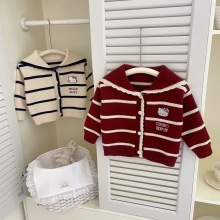 秋冬新款2025女童毛衣开衫条纹可爱戴帽针织外套 一件代发