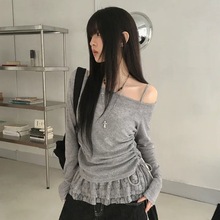 蝴蝶结抽褶蕾丝两件套露肩上衣+吊带欲风辣妹长袖设计感套装潮