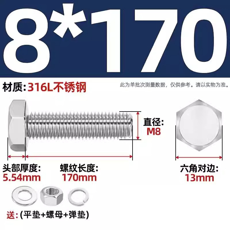 316L acero inoxidable perno hexagonal macho conjunto de tuerca de tornillo conjunto de cojín elástico plano completo M6M8M10M12-M20 image 97