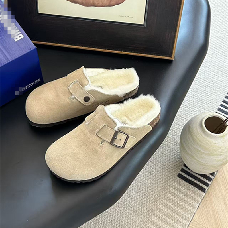 Sangpo Snow Boots Birkenstock-Style Half-Slippers with Cotton and Wool Lining, Closed-Toe Slip-On Loafers, Suede Leather Women's Half-Slippers